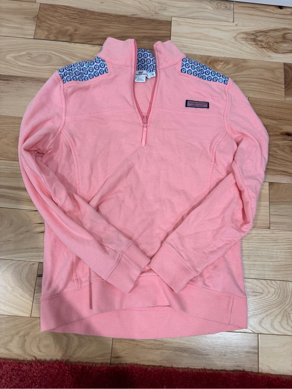 Vineyard Vines Coral Pink Quarter-Zip Pullover with Patterned Shoulder Panels